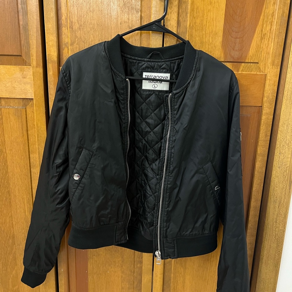 Black Bomber Jacket with Ribbed Collar and Elastic Cuffs
